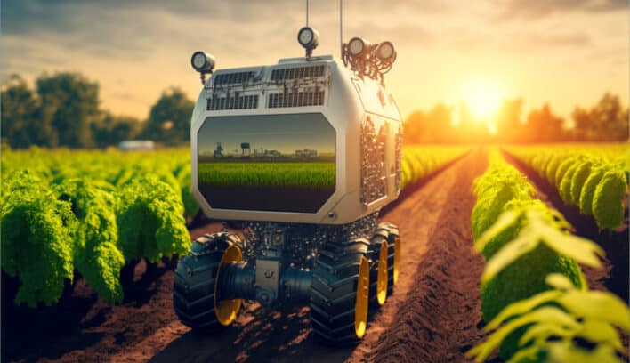 Automated robot in a field of crops